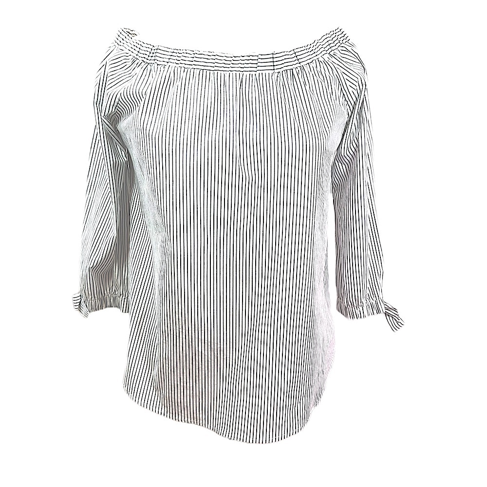 Potter's Pot Off The Shoulder 3/4 Slv Cotton Pinstriped Top White Blue Sz M